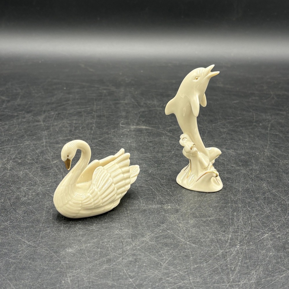 Lenox Ivory and Gold Animal China Figurines Swan and Dolphin Set 091413